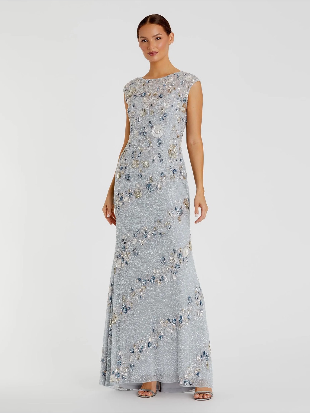 Mac Duggal 5500 Powder Blue Floral Embellished Cap Sleeve Chiffon Gown Sz 4